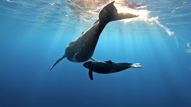 Una ballena jorobada y su cr&iacute;a nadando juntas en las profundidades de un oc&eacute;ano azul cristalino iluminado por rayos de sol.