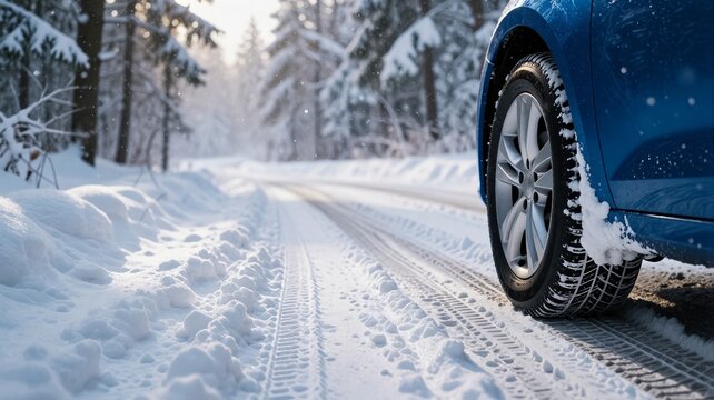 Winter driving with blue car tire on snowy road