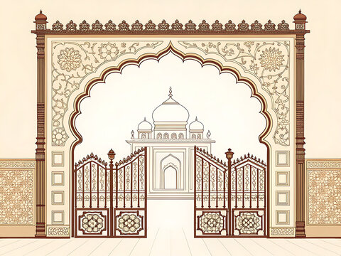 Empty Indian royal palace gate framed by decorative arches, geometric carvings, luxurious minimal vector style,