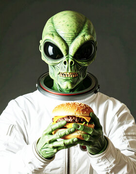 Green alien in a space suit eating a cheeseburger. AI