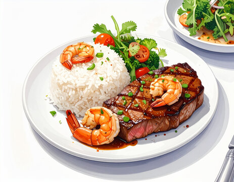 Grilled steak with sauteed shrimp and rice, illustration. AI