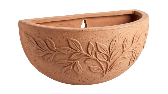 Terracotta wall planter with embossed leaf pattern, rustic clay flower pot for garden decor, orange ceramic hanging container
