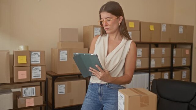 Woman holding a tablet with hands checking shipping labels and boxes in a building storage area; small business determination.