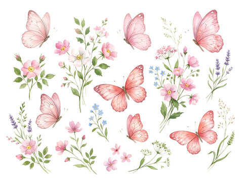 Watercolor Pink Butterflies and Wildflowers Set Isolated on White Background