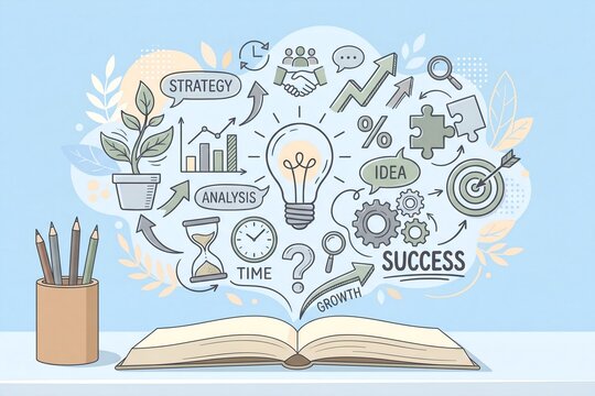 Business strategy concept illustration, creative idea lightbulb emerging from open book, success and growth icons in hand-drawn style 4K