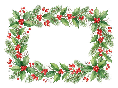 Watercolor Christmas holly and pine branch frame isolated on white background