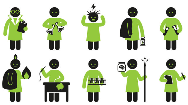 Mad Scientist Stick Figure Vector Character Set and Spooky Laboratory Icons