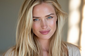 Fototapeta premium Portrait of a beautiful blonde woman with long straight hair in soft natural light