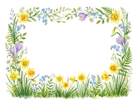 Watercolor spring flower frame with yellow daffodils and purple crocus on white background