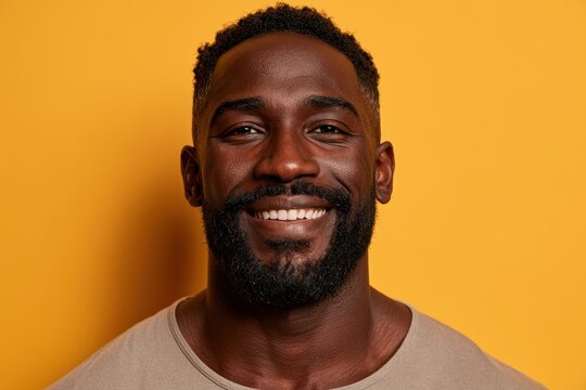 Portrait of a joyful bearded man with a sunny yellow background
