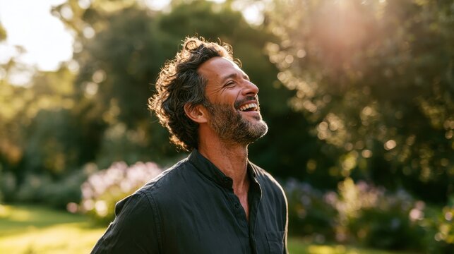 Portrait of a joyful man laughing in a sunlit outdoor setting