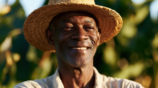 Portrait of a joyful man wearing a straw hat in an outdoor sunny setting