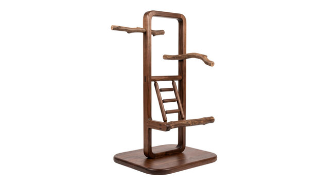 Modern wooden bird perch stand, elegant dark wood parrot playground with ladder, minimalist pet furniture on white background