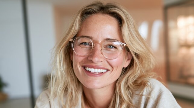 Portrait of a satisfied patient with glasses looking at the camera in a calm clinic