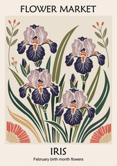 Fototapeta premium Vibrant iris blooms grace a vintage market poster. Deep purple petals contrast with soft peach tones. Green leaves frame flowers with elegant, hand-drawn flair