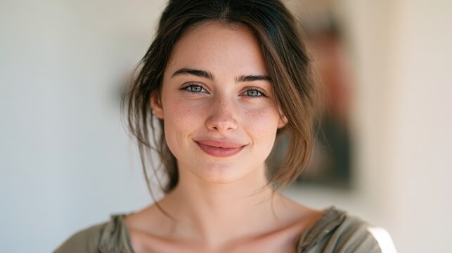 Portrait of a young woman with a cute smile in soft pastel lighting