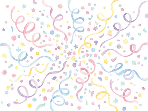 Watercolor party confetti and streamers background for festive celebration design.