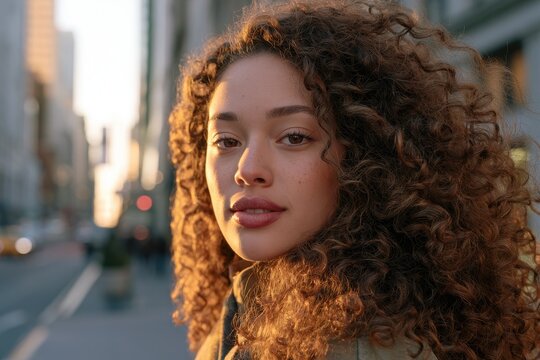 Portrait of a young woman with curly hair in an urban street, natural light and candid mood