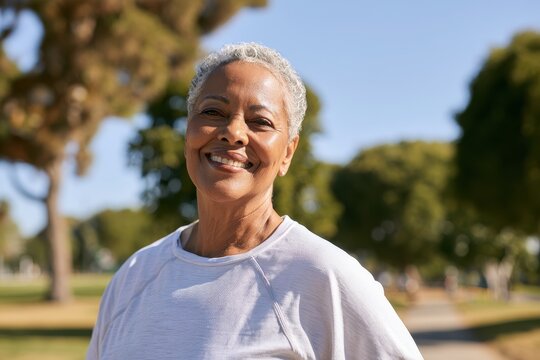 Portrait of an older woman of African descent enjoying outdoor park wellness, smiling in the summer sun