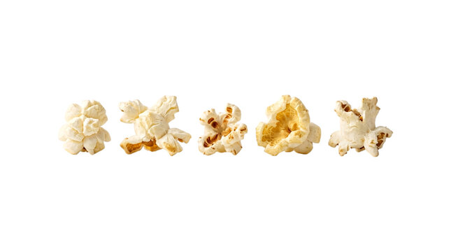 Five popped salty popcorn snacks in a row on a transparent background