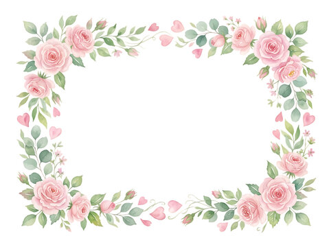 Watercolor Pink Rose Floral Frame Border with Green Leaves and Hearts Isolated on White