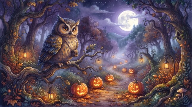 A spooky halloween night scene featuring a majestic owl perched amongst glowing jack o' lanterns
