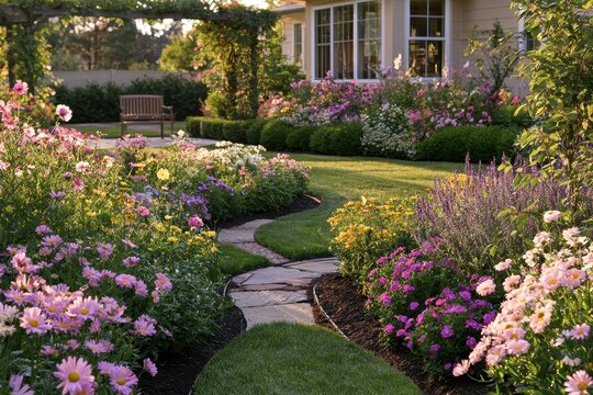 Private backyard landscape featuring blooming borders, greenery, and a cozy bench