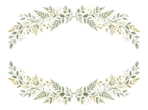 Watercolor floral oval frame with green leaves and branches isolated on white background