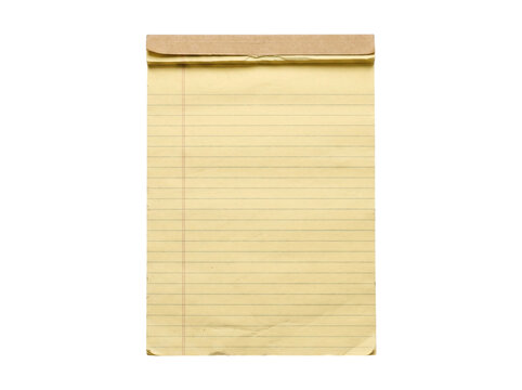 Blank yellow lined legal pad with cardboard binding on a transparent background