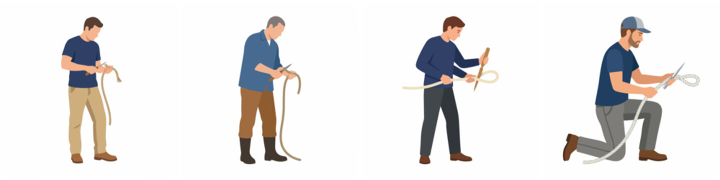 Set of professional men splicing and working with nautical ropes, isolated flat vector illustration of maritime craftsmen and sailors