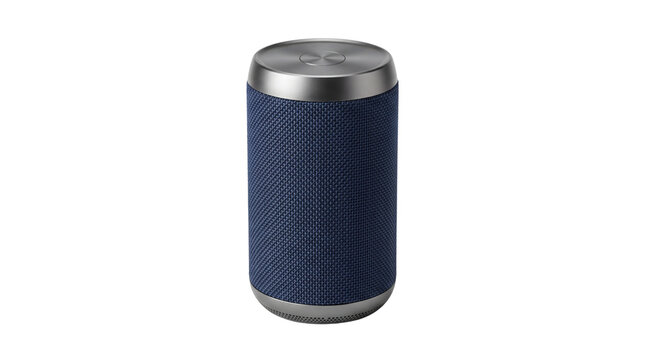 Modern blue wireless speaker with fabric texture. Portable bluetooth speaker for home audio. Minimalist smart speaker on white background.