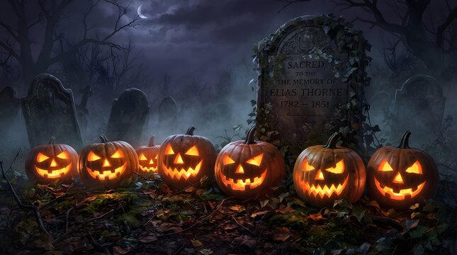 A spooky halloween night scene featuring glowing jack o' lanterns in front of an old haunted house