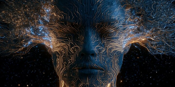 Human face merges with a branching tree of circuit traces and neural pathways. Artificial intelligence imagined as organic growth linking technology, thought and creativity.