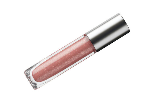 A single tube of shimmering pink lip gloss with a silver metallic cap, isolated on a black background, for beauty and, cosmetic product