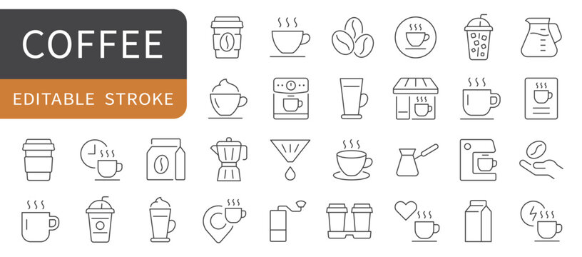 Coffee simple line icons set. Coffee shop, cup, machine icon. vector, editable stroke