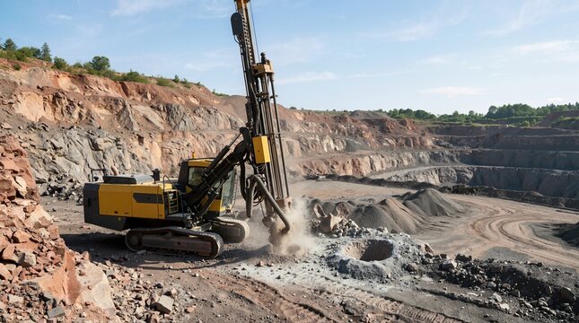 Heavy drill rig machine preparing blast holes in an open pit quarry. Industrial machinery drilling rock in a surface mine