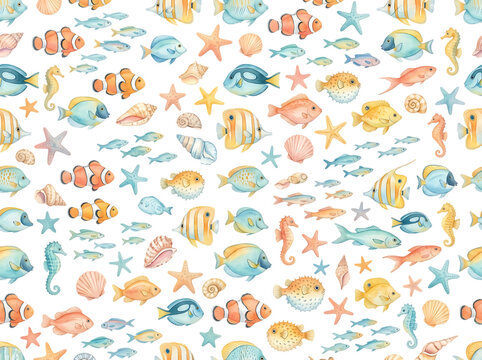 Watercolor seamless pattern with tropical fish, seahorses, and seashells on white background