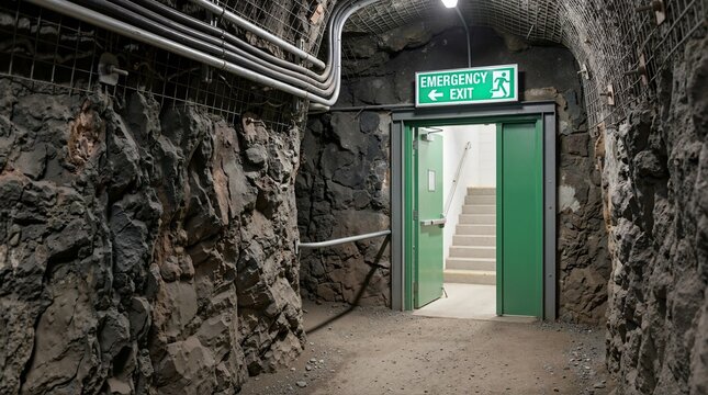 Emergency exit door inside an underground mine tunnel. Illuminated exit sign and stairs for safety evacuation route