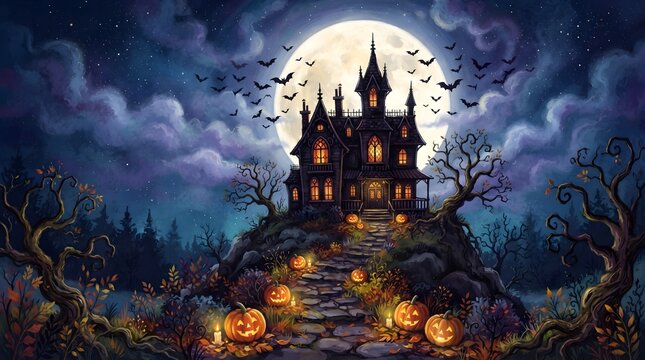 A spooky halloween night scene featuring a dark castle illuminated by a full moon and flying bats