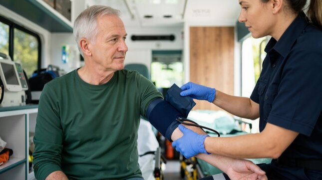 Female paramedic placing blood pressure cuff on senior patient inside ambulance. Emergency medical technician checking arm vital signs