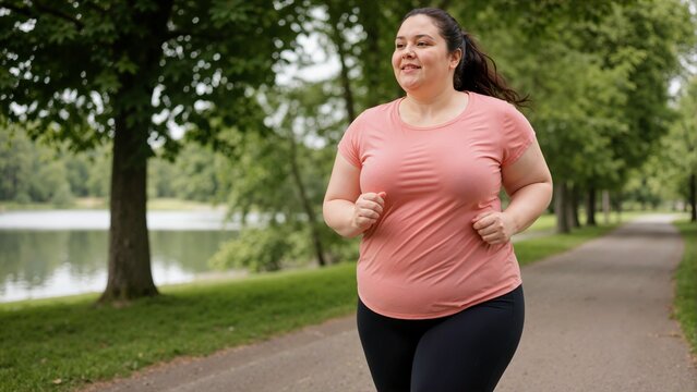 Overweight woman jogging in park for weight loss. Female runner exercising on paved path outdoors