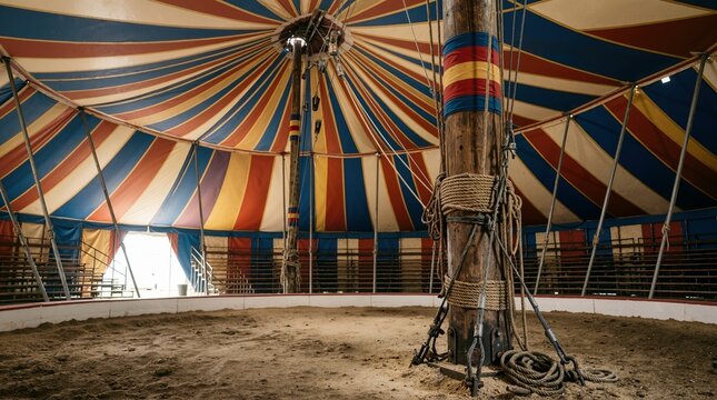 Interior of an empty circus tent with a center wooden pole. Striped big top canopy and central ring with sand