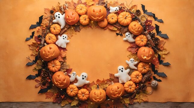 A vibrant halloween wreath brimming with pumpkins ghosts and bats perfect for autumn decor and spooky celebrations