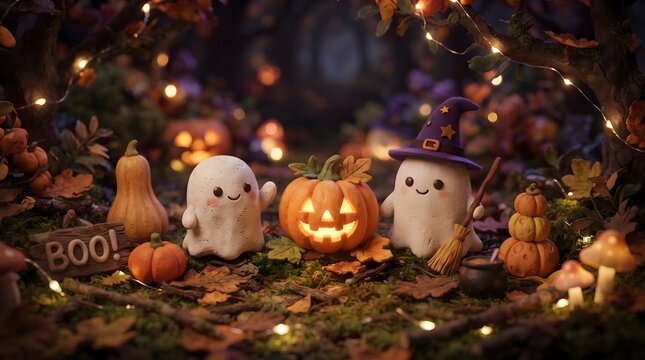 A charming halloween scene featuring adorable ghosts a glowing pumpkin and festive autumn decorations for a spooky celebration