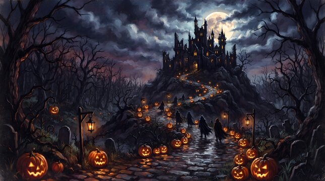 A spooky halloween night scene featuring a dark castle and jack o' lanterns in a mysterious landscape
