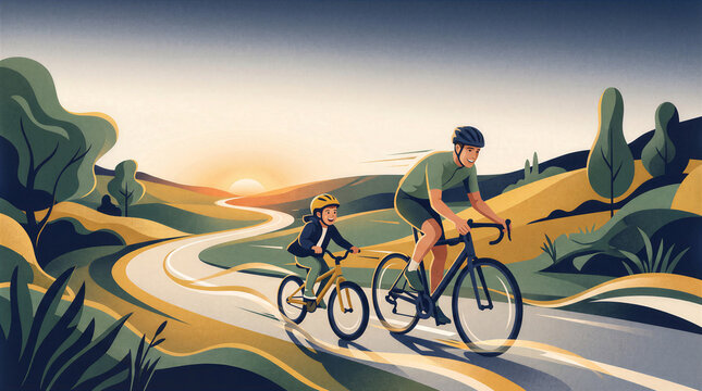 Happy Father's Day Illustration Proud Dad Cycling With Little Son Outdoors On Country Road At Sunset Beautiful Family Bonding Activity Athletic Active Lifestyle Vector Graphic Concept For Greeting