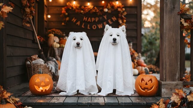 Two adorable dogs dressed as ghosts pose amidst a festive halloween display with pumpkins and lights