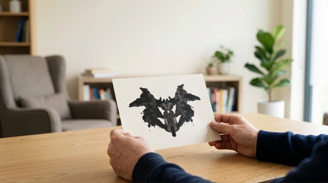 Patient holding a Rorschach inkblot test card during a psychological evaluation. Psychological assessment and mental health evaluation concept