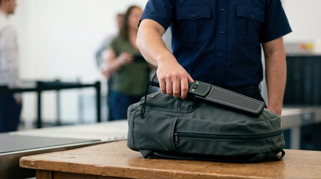 Security officer scanning a backpack with a handheld metal detector wand. Inspection checkpoint in an airport or public venue