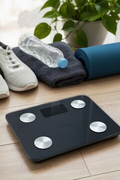 Digital body scale with sneakers yoga mat and water bottle on floor. Weight management and health tracking concept